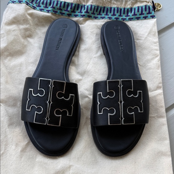 Tory Burch Shoes - Tory Burch Black Leather Logo Slide Sandals